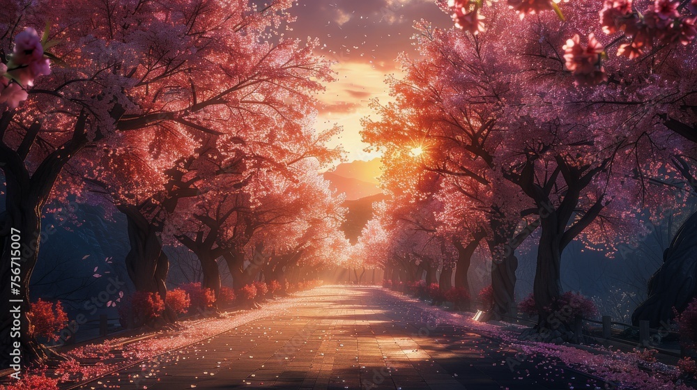 A Painting of a Tree Lined Road at Sunset