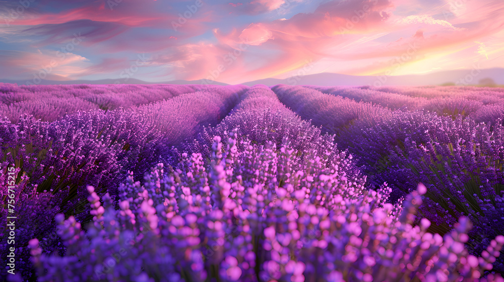 Stunning landscape with lavender field at sunset, Rich lavender field in Provence with a lone tree, Stunning lavender field landscape Summer sunset with single tree, Generative AI
