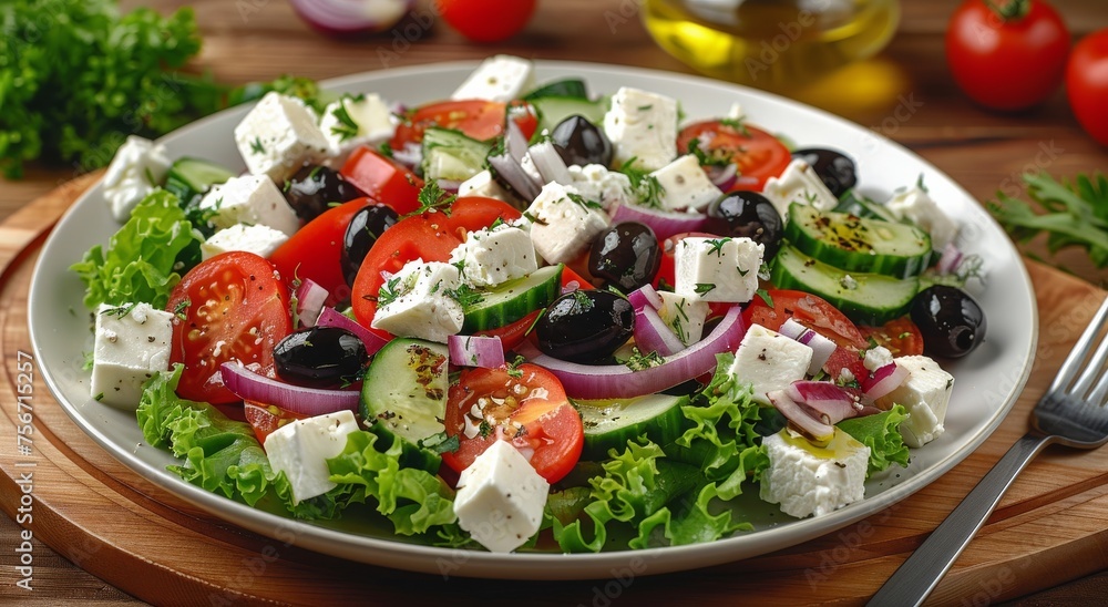 Plate of Salad With Tomatoes, Cucumber, Olives, and Feta - obrazy, fototapety, plakaty 