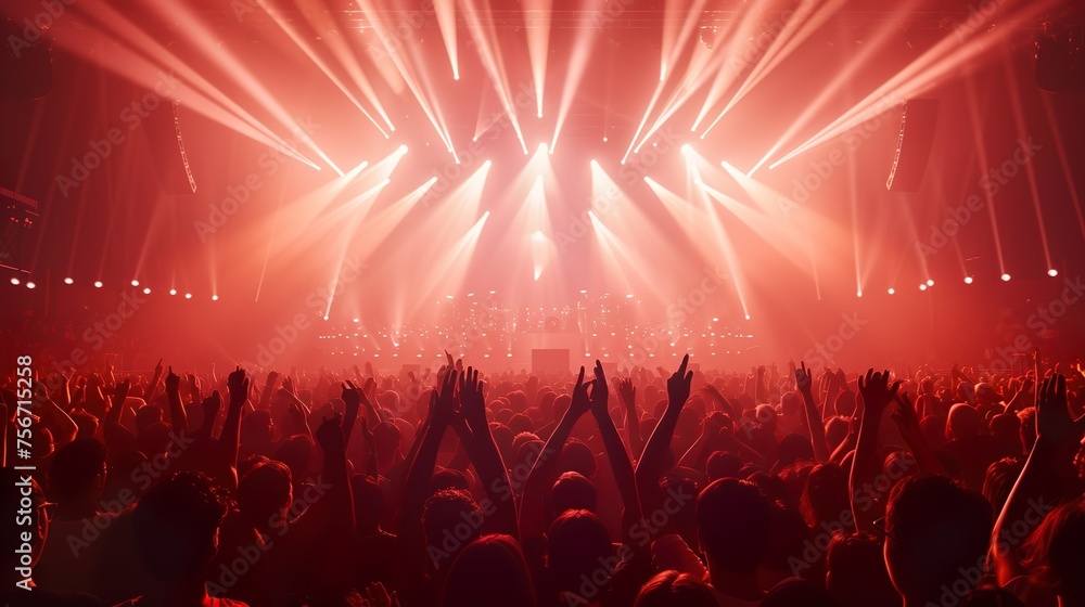 A crowded concert hall with scene stage lights , rock show performance, with people silhouette, on dance floor air during a concert festival