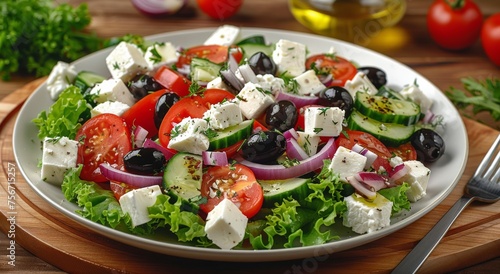 Plate of Salad With Tomatoes, Cucumber, Olives, and Feta © yganko