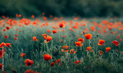 Poppies In Field At Sunset, A poppy field in bloom, a poignant symbol of remembrance for fallen soldiers. Concept of remembrance, ai generated © HayyanGFX