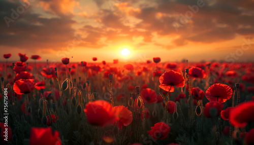 Poppies In Field At Sunset, A poppy field in bloom, a poignant symbol of remembrance for fallen soldiers. Concept of remembrance, ai generated