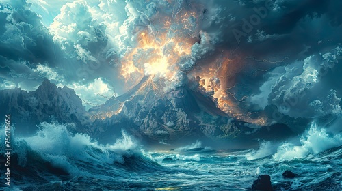 Underwater scene with a majestic volcano erupting beneath the ocean’s surface, a captivating spectacle of underwater chaos and beauty photo