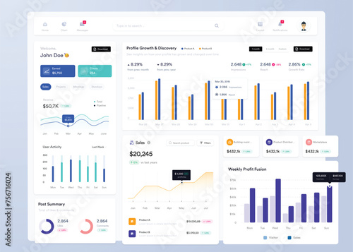 UI UX Infographic dashboard. UI design with graphs, charts and diagrams. Web interface template