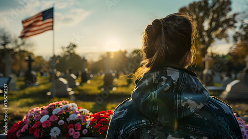 Sad woman at a funeral with flower on coffin after loss of a loved one