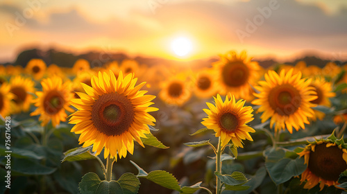Sunflower field at sunset  Sunflowers blooming on farm  a common scene in late Summer and early Autumn  Sunset over the field of sunflowers against a cloudy sky. Beautiful summer landscape.  Generativ