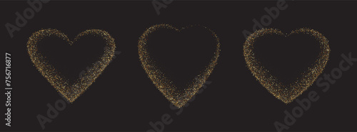 Gold glitter heart frame set. Luxury shimmer heart shape