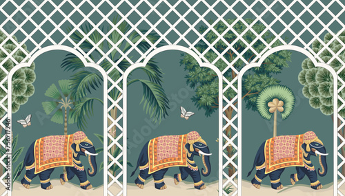 Vintage botanical palm tree, Indian elephant, butterfly, pergola, plant floral seamless border. Exotic chinoiserie mural.	