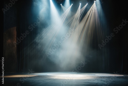 The stage is brightly lit with various lights, casting a spotlight on the performers in a contemporary dance show.