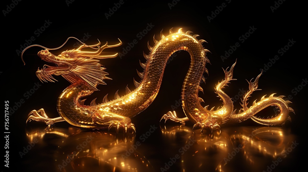 Fototapeta premium golden dragon statue on solid background,