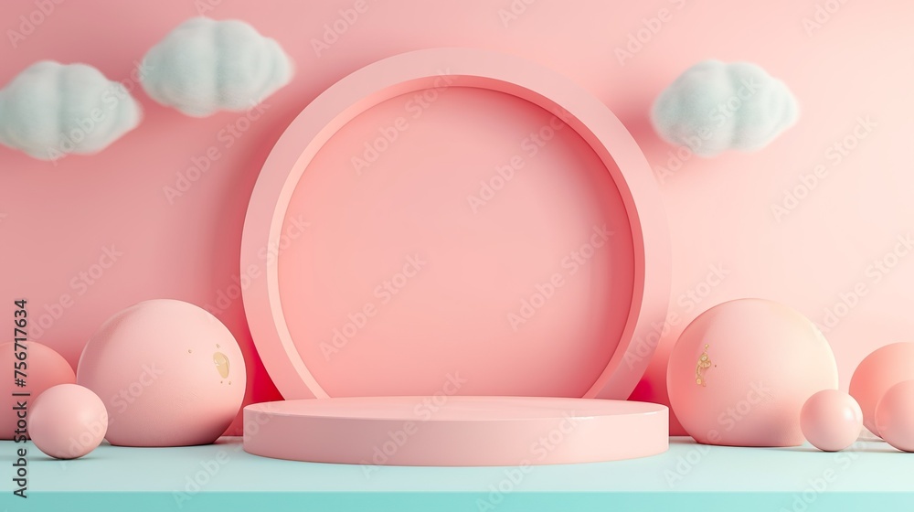 Fototapeta premium Empty neutral pink textured podium stage background with abstract lifestyle sunlight shadows. Template for business brand product showcase, sustainable aesthetic backdrop