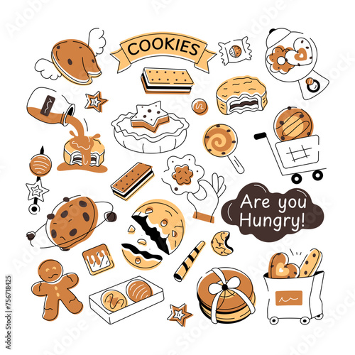 A doodle style cookie vector depicting various types of bakery food and confectionery items 