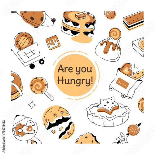 A doodle style cookie vector depicting various types of bakery food and confectionery items 