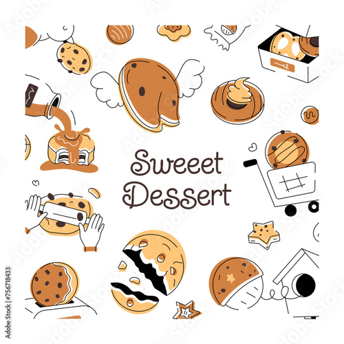 A doodle style cookie vector depicting various types of bakery food and confectionery items 