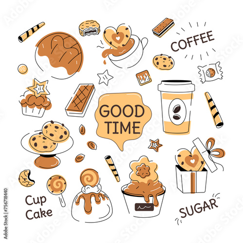 A doodle style cookie vector depicting various types of bakery food and confectionery items 