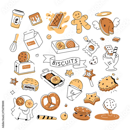 A doodle style cookie vector depicting various types of bakery food and confectionery items 