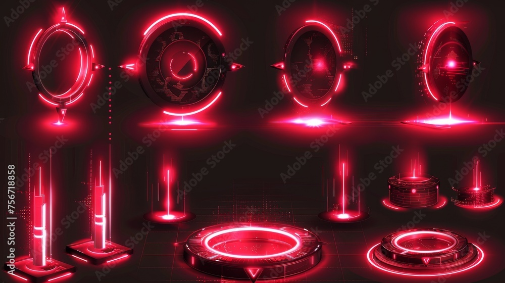 An illustration set of neon red game portals with lightning and glow effects for gui concepts. Icon set of a futuristic cyberpunk round luminous port with flashes and rays for gui concepts. - obrazy, fototapety, plakaty 