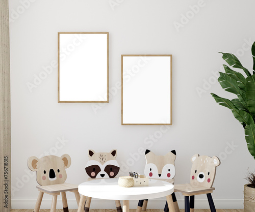 Kids room mockup with frame and chairs, 3d render