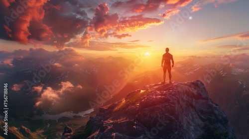 A fit man on a mountain peak gazes at the colorful sunset over the valley.