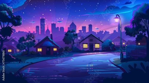 Cartoon modern cityscape of a suburban street at night with highrise buildings silhouetted against a silhouetted landscape with country houses.