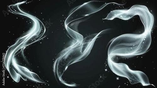 The swirls are shimmering white and isolated on a black background. A realistic illustration depicting a frosty winter air with snow, neon light waves, clean laundry aroma trails, a cool wind twirl,