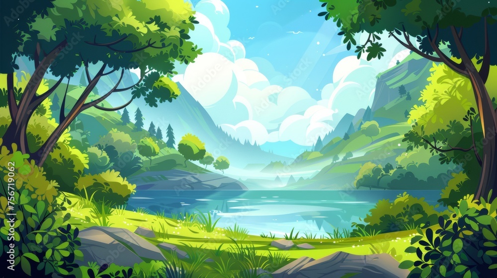 Lake in green valley. Modern cartoon illustration depicting forest trees near water, grasses, bushes, and sunshine. Beautiful landscape for recreation.