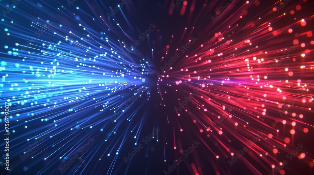 An illustration of neon glowing fibers with fast luminous movement effect, connected by blue and red lines. Modern illustration of modern technology particles, moving fast and luminous. - obrazy, fototapety, plakaty 