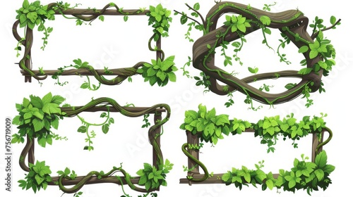Cartoon modern rain forest tree stem in rectangular and circular shapes. Jungle climbing plant vine for game UI design with twisted branch and green leaves.