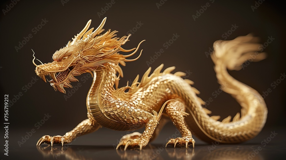 Fototapeta premium golden dragon statue on solid background,