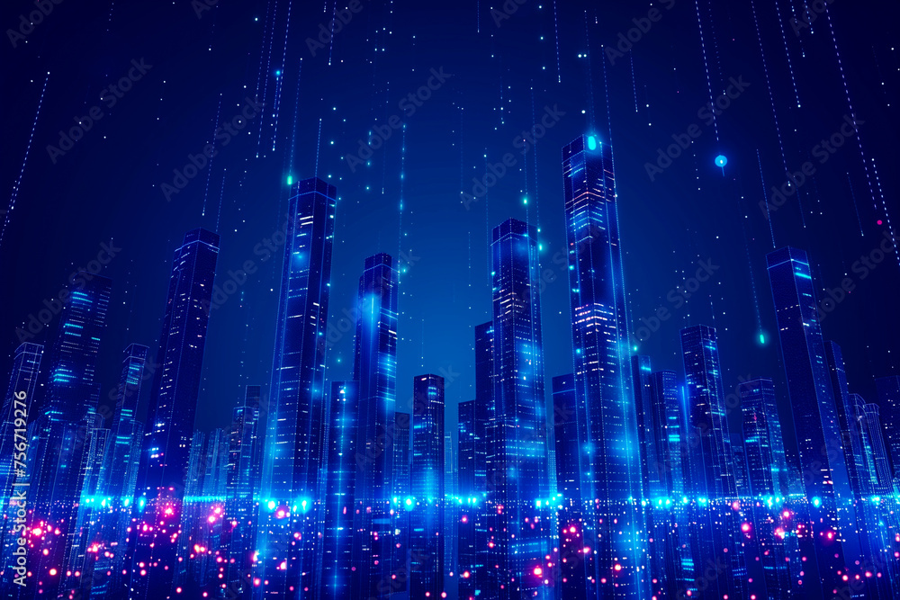 abstract digital city background, blue glowing skyscrapers in cyberspace