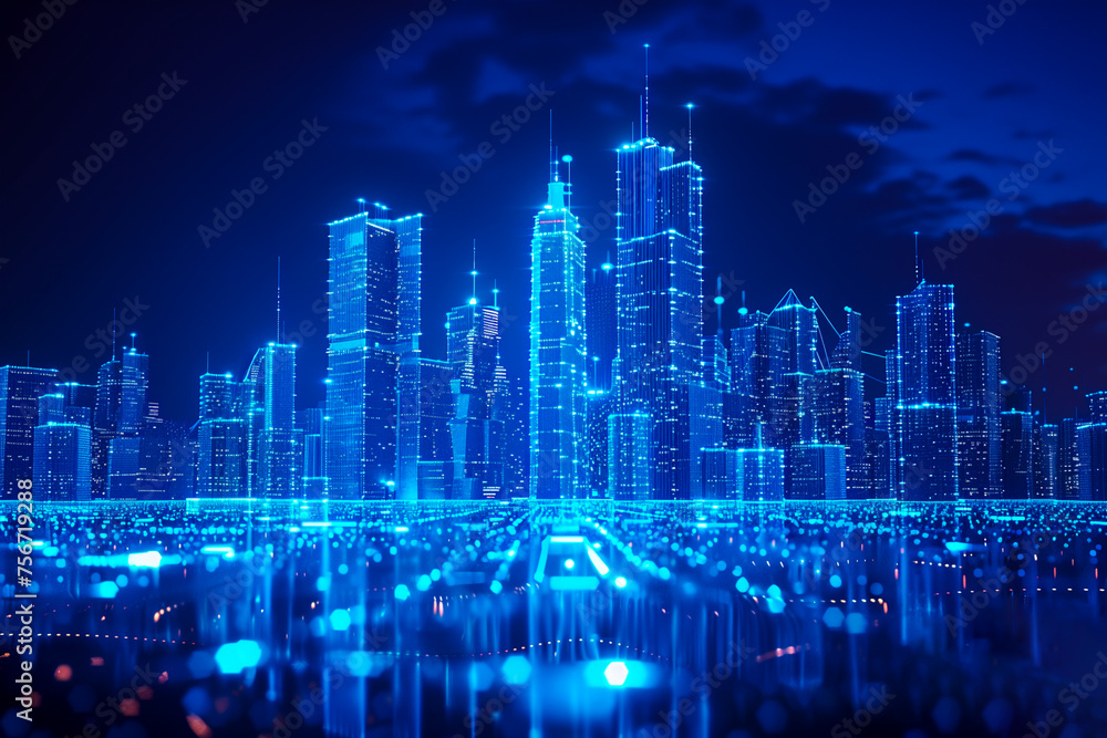 digital city background, blue glowing cityscape in cyberspace