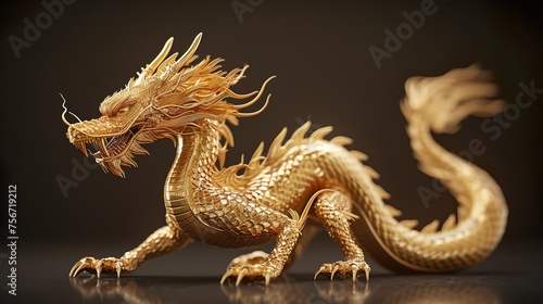 golden dragon statue on solid background,