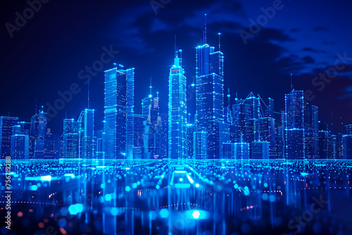 digital city background, blue glowing cityscape in cyberspace