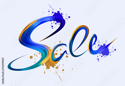 Blue gold sale brushstrokes lettering. Hand drawing letter for banners