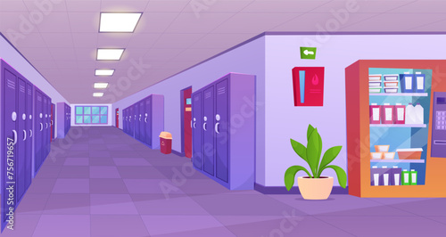 School hallway interior. University corridor interior design with classroom doors, lockers for students, vending machine with snacks. Education concept.