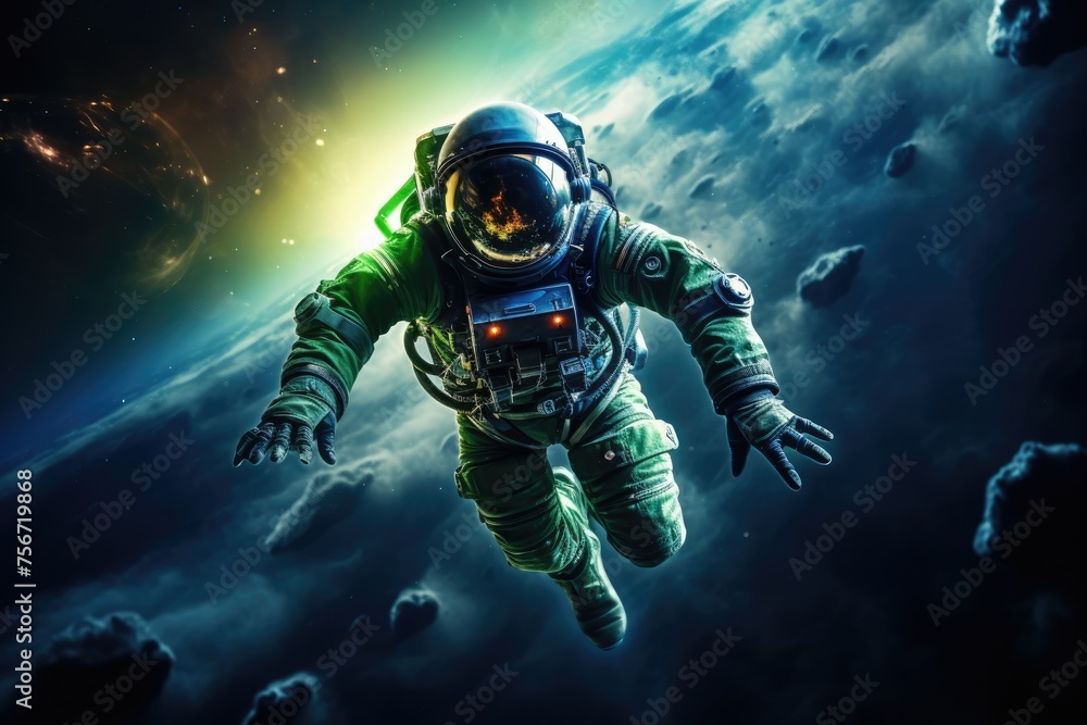 Astronaut in space blue and green earth atmosphere on the background, astronaut flying on space, Astronaut in space blue and green earth atmosphare on the background, Ai generated