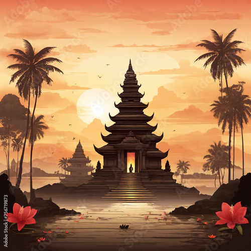 Nyepi day of silence background illustration with temple at sunset