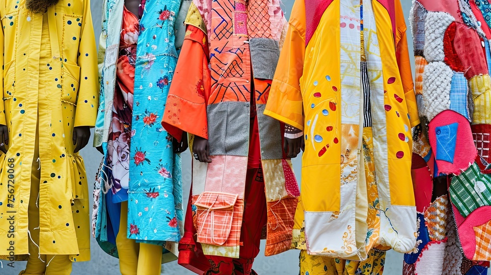 Colorful traditional japanese kimono in the street market. A collage-style image showcasing a variety of patched-up garments, symbolizing renewal and readiness. Vibrant colors and eclectic patterns. - obrazy, fototapety, plakaty 
