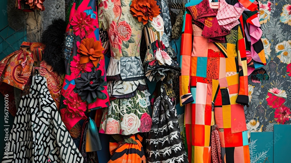 Colorful cloths hanging on the wall of a shop in Istanbul. A collage-style image showcasing a variety of patched-up garments, symbolizing renewal and readiness. Vibrant colors and eclectic patterns.