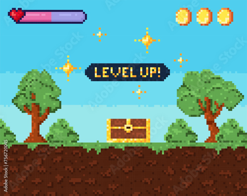 Pixel art game level up background. Retro 8 bit video game interface with Level Up text, computer game level up background. Win screen