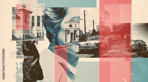 Double exposure of a a city street. Collage. A collage-style graphic design portraying a timeline of significant life events from childhood to old age.