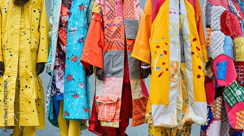 Colorful traditional japanese kimono in the street market. A collage-style image showcasing a variety of patched-up garments, symbolizing renewal and readiness. Vibrant colors and eclectic patterns.