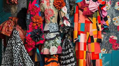 Colorful cloths hanging on the wall of a shop in Istanbul. A collage-style image showcasing a variety of patched-up garments, symbolizing renewal and readiness. Vibrant colors and eclectic patterns.