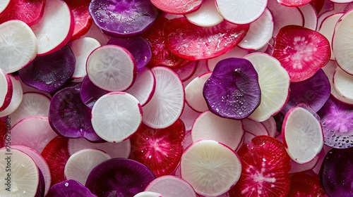 Radish slices background, radish slices background, radish slices. A colorful mix of sliced radishes, featuring red, white, and purple varieties, arranged in a harmonious pattern.