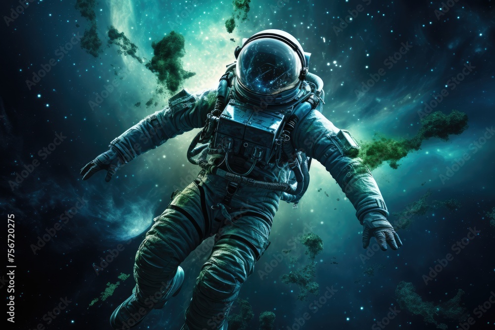 Astronaut in space blue and green earth atmosphere on the background, astronaut flying on space, Astronaut in space blue and green earth atmosphare on the background, Ai generated