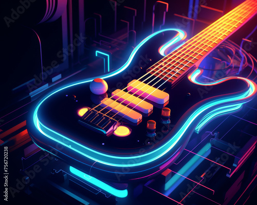 A bass guitar with a pattern resembling the rings of Saturn neon photo