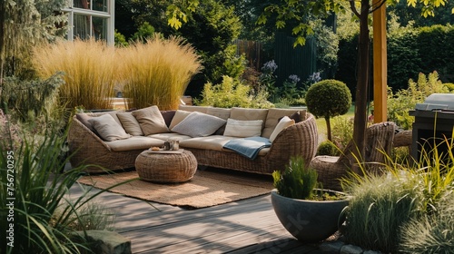 Expansive patio featuring a rattan garden furniture set, enveloped by abundant greenery.