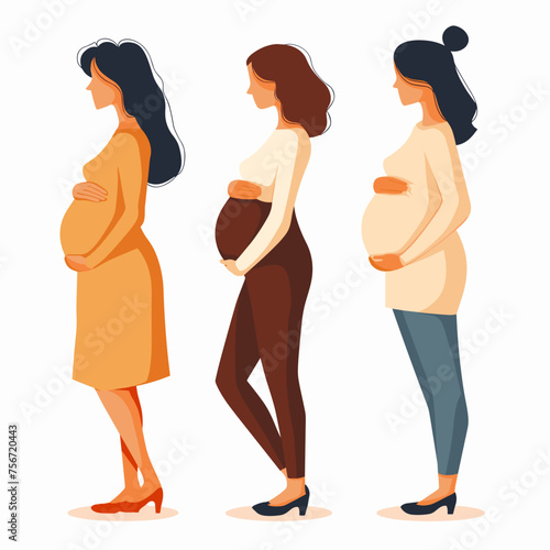 Set 4 of different pregnant women, vector graphic, minimalistic style, white background