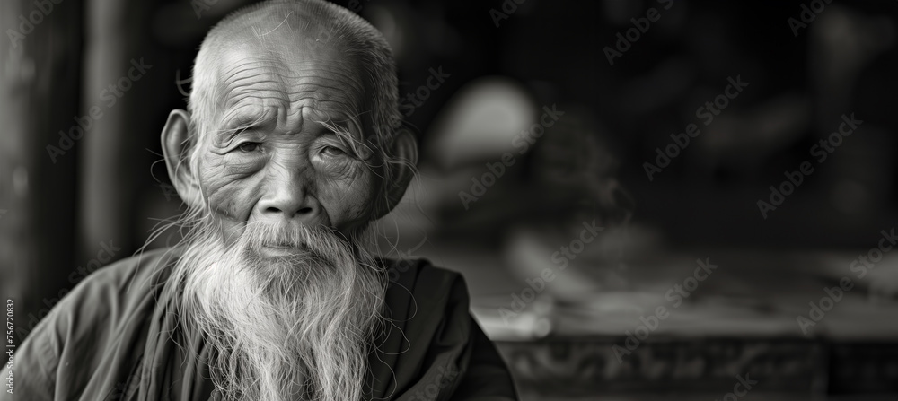 black and white portrait of a wise old monk with copy space